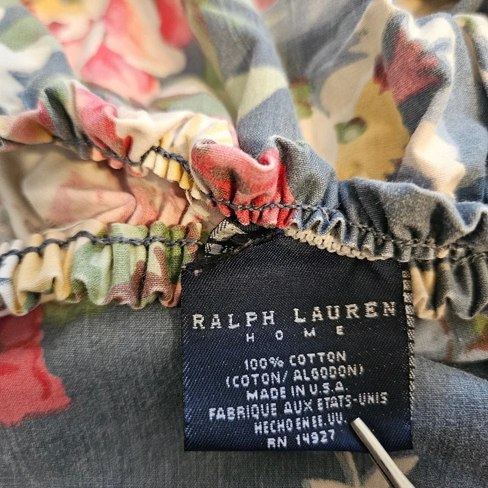 RALPH LAUREN USA Kimberly Floral Blue Cotton Roses Queen Fitted Sheet Vintage